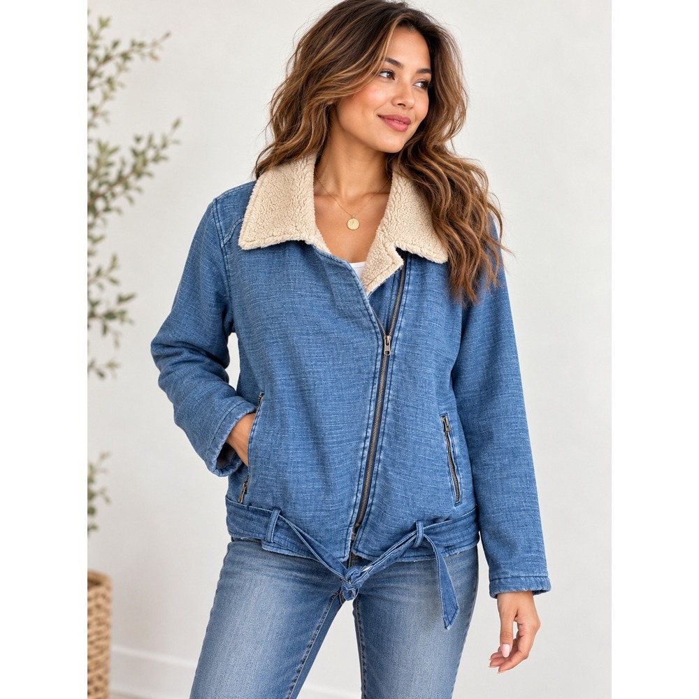 Anthropologie Cloth & Stone Denim Blue Moto Jacket Faux Sherpa Boho Western Med